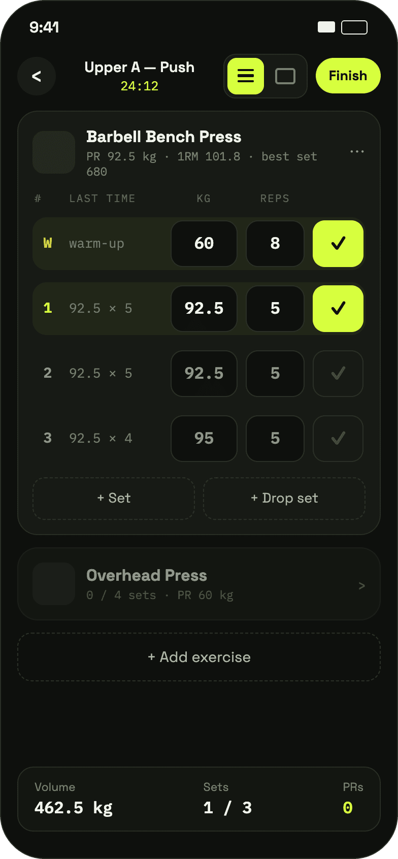 Palestrico live workout session screen